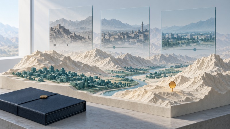An ivory mountain landscape with teal settlements stands beside glass panels and a closed archival folio.