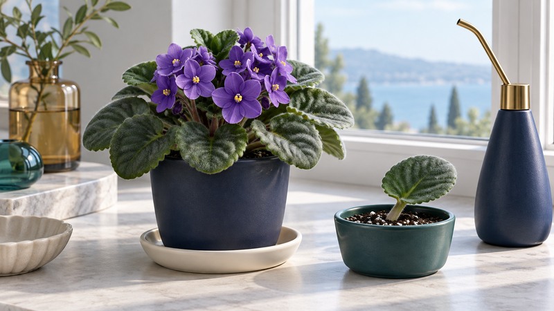 A flowering African violet stands beside a separate pot containing a leaf cutting.