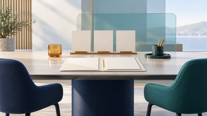Two equally sized office chairs face an open folder and a row of career-record cards.