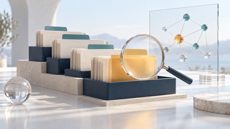 An orderly index of ivory and teal cards, with a magnifying glass highlighting an amber card beside connected glass nodes.