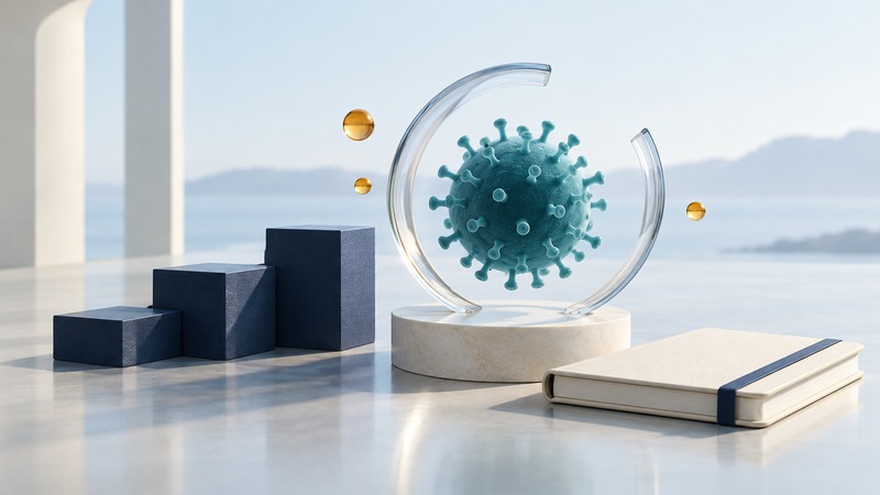 A teal virus-like sphere beneath an incomplete glass arc beside stepped plinths and a closed research notebook.