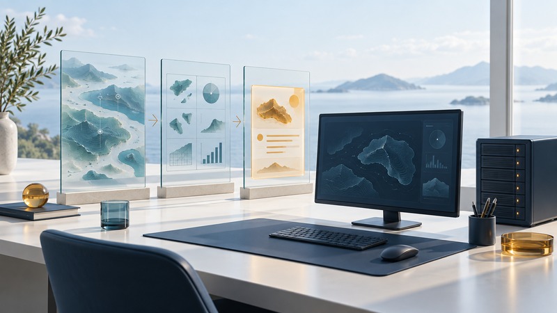 Three conceptual glass panels progress from terrain observations to an organized information card beside a navy analysis workstation.