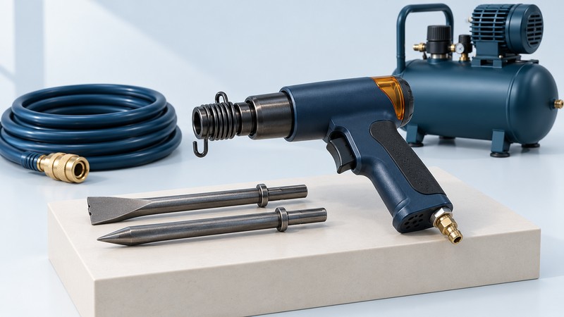 Disconnected air hammer, two chisel attachments and a coiled hose with a compressor behind them