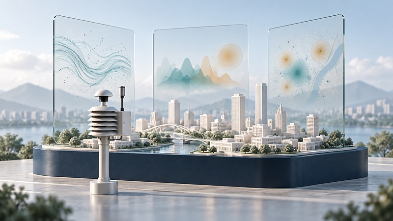A miniature city and ambient monitor stand in front of glass panels with conceptual weather and air-quality traces.