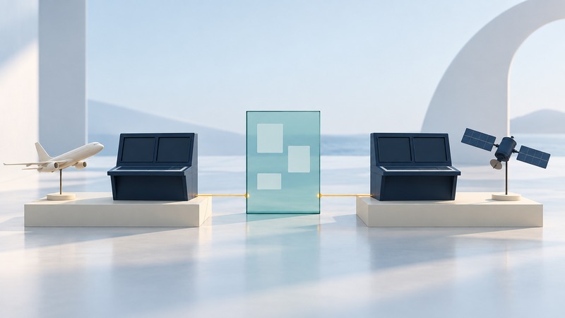 Two empty navy consoles on ivory plinths share a conceptual glass information panel between aircraft and satellite models.