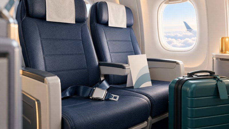 Two empty aircraft seats with a lap belt, blank safety card and closed carry-on bag.