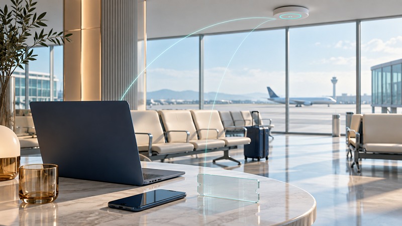 A laptop and phone sit in an airport terminal with gate seats, a ceiling access point and a distant aircraft.