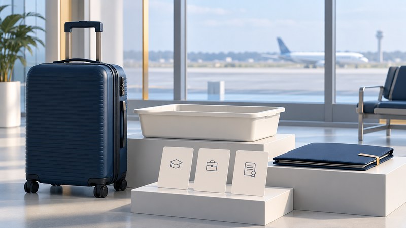 A navy carry-on and ivory screening tray beside an application folder and blank qualification cards in an airport-inspired setting.