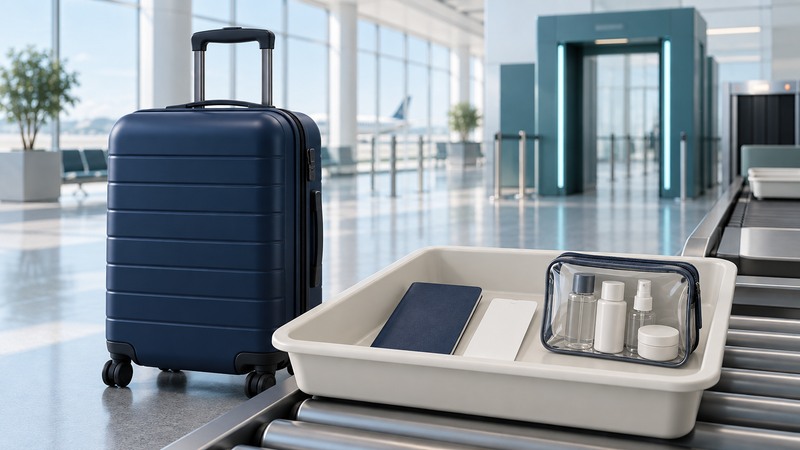 A navy carry-on suitcase beside an ivory screening tray holding a plain booklet, blank card and clear toiletries pouch.