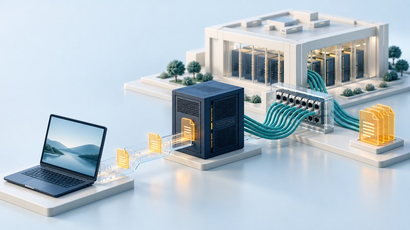 A navy data-center cabinet and a small edge server connect to a laptop through clear glass paths carrying amber document shapes.