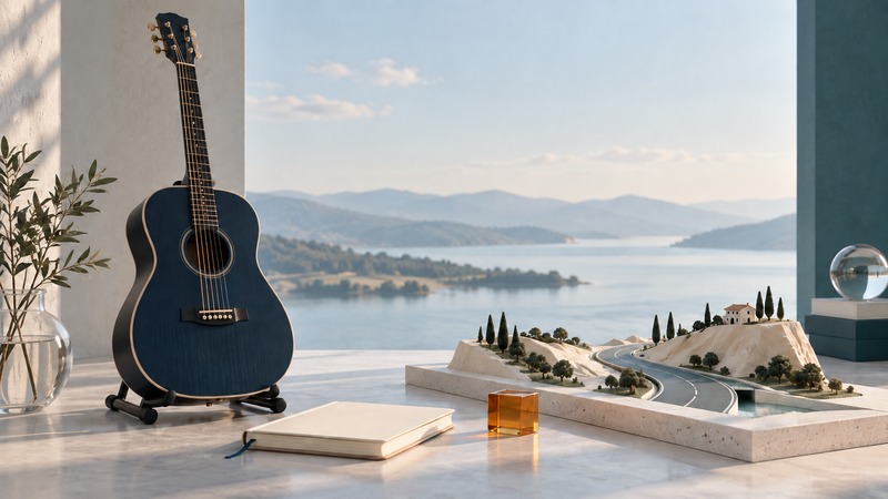 A navy acoustic guitar, blank notebook, and miniature country road model.