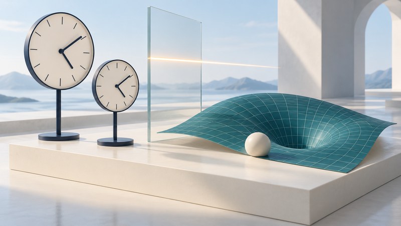 Two clocks stand beside a light-line panel and a curved teal grid.