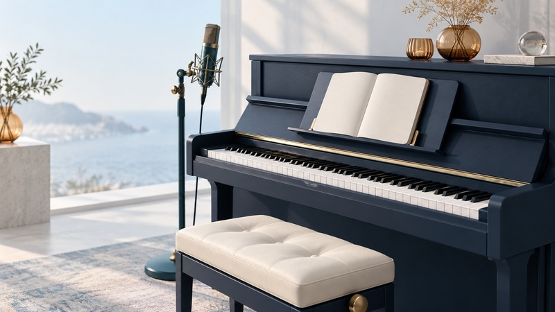 A navy upright piano, microphone, and open blank notebook in soft daylight.