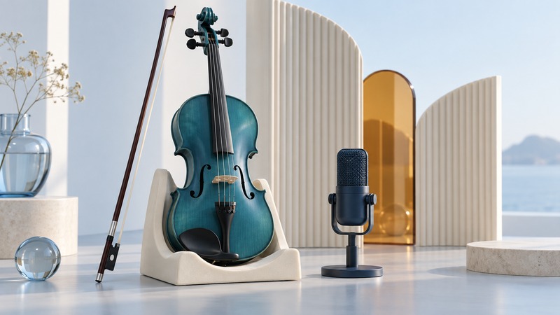 Teal violin with bow on an ivory cradle beside a navy studio microphone and curved acoustic panels.