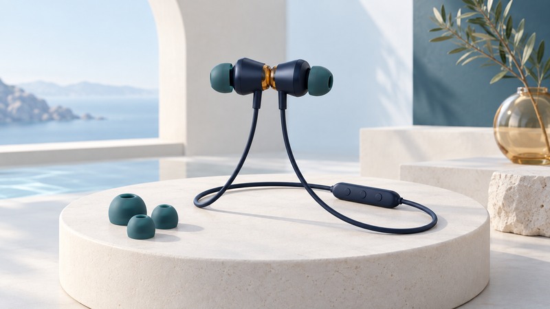Navy earphones joined back to back have a looped cable, inline controls, and spare teal ear tips.