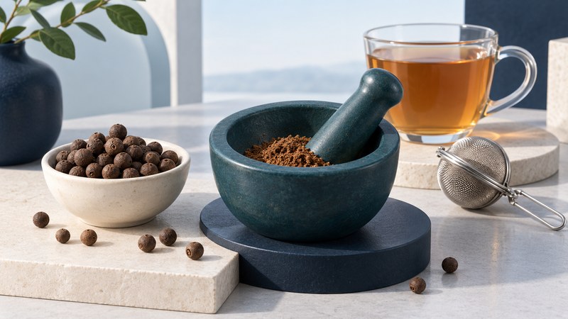 Brown allspice berries in an ivory bowl beside a teal mortar of ground spice, a mesh infuser and amber liquid in a glass cup.