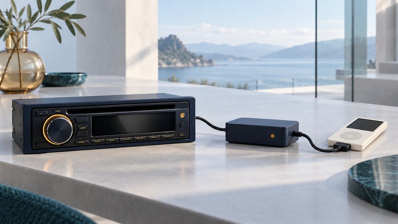 A conceptual car receiver, interface box and portable player connected on a tabletop.