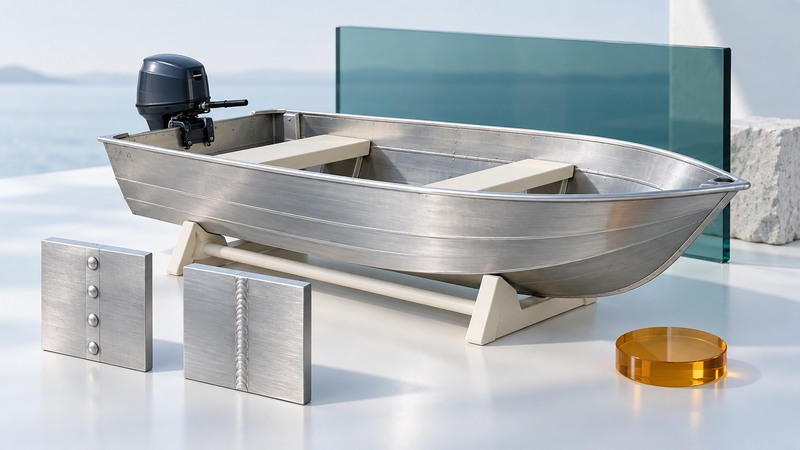 An aluminum fishing skiff on an ivory cradle stands beside separate riveted and welded metal samples.