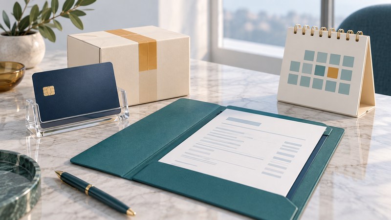 An unbranded navy credit card stands beside a plain parcel, teal statement folder and calendar with an amber square.