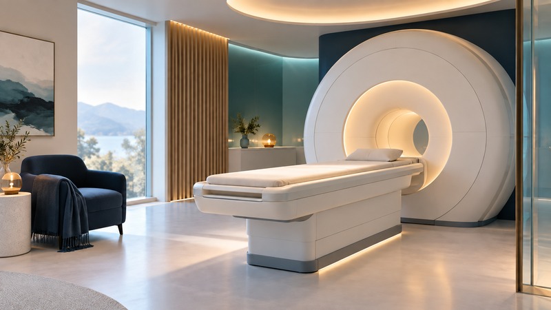 An empty conceptual imaging room with soft indirect lighting, an ivory scanner and a separate chair.
