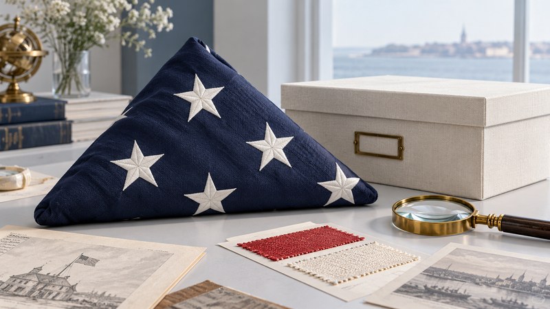 A folded blue flag with white stars rests beside an archival box, fabric samples and a magnifying lens.
