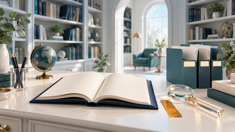 An open blank book, teal folders, a magnifying glass and an amber bookmark on an ivory library desk.