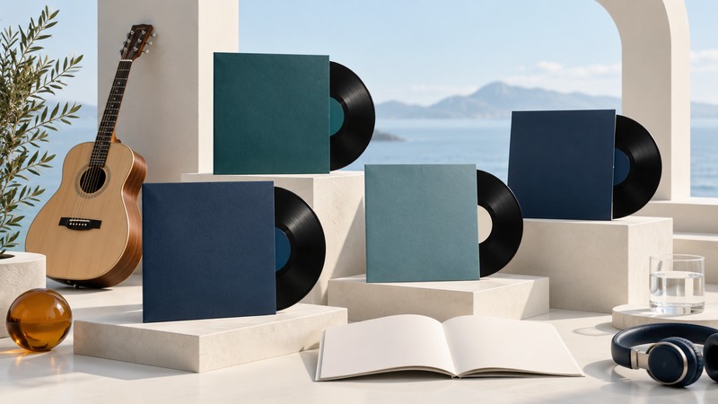Acoustic guitar beside four unmarked record sleeves, an open notebook, and headphones on ivory platforms.