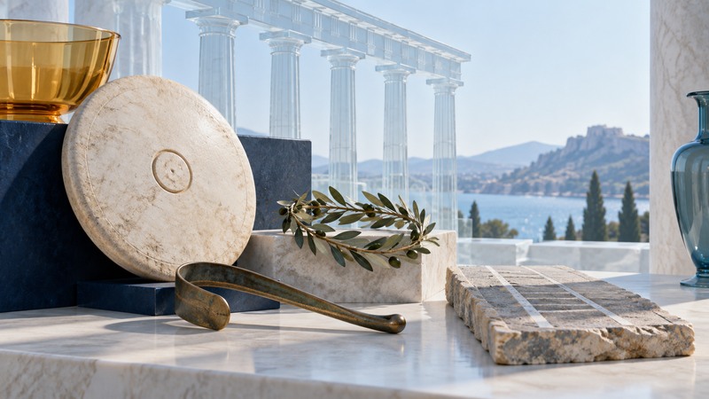 An imagined display of a discus, curved bronze scraper, olive wreath and stone starting-line fragment beside glass columns.