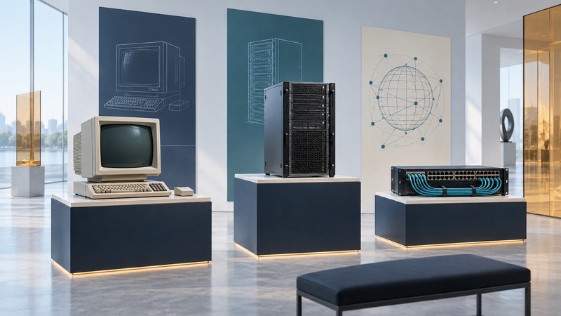 A workstation, server, and network switch occupy three museum-like display plinths.