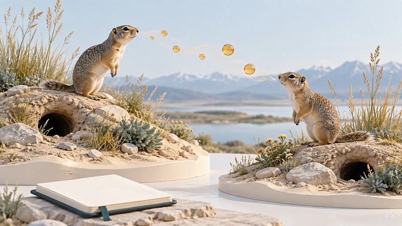 Two ground squirrels on separate miniature landscapes, with conceptual amber scent cues between them.