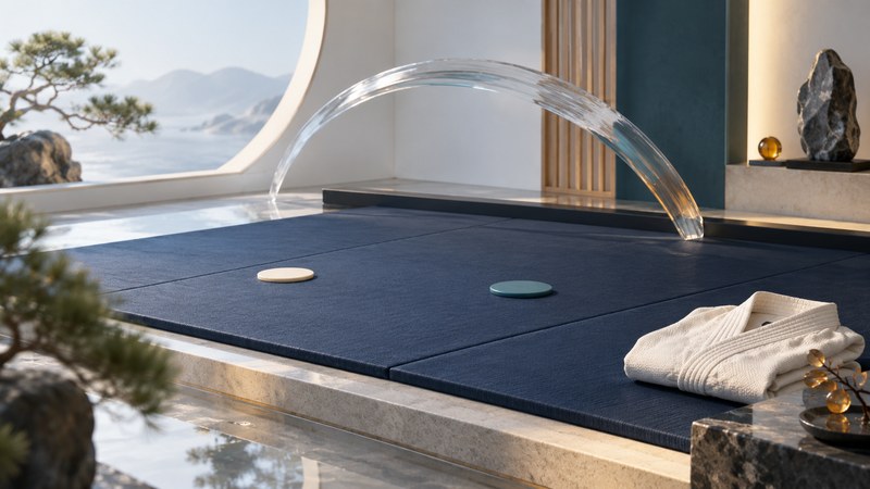 Two contrasting position markers sit on a navy mat below a glass arc, beside a folded training jacket.