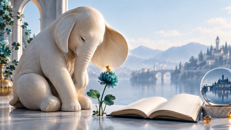 An ivory elephant sculpture leans toward a teal flower beside an open book and a glass sphere containing a tiny town.