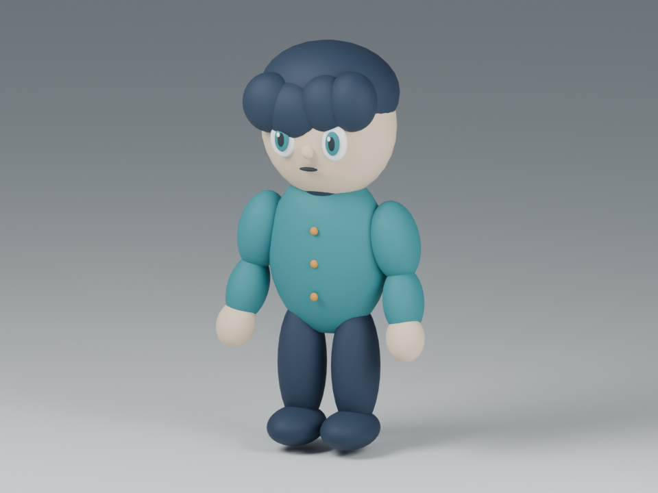 Actual render of the downloadable practice character: a short, large-headed figure with navy hair, a teal jacket and simple articulated arms.