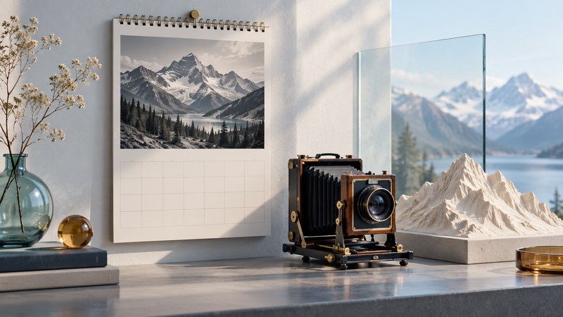 An illustrative monochrome mountain calendar beside a bellows camera, glass panel, and sculptural mountain model.