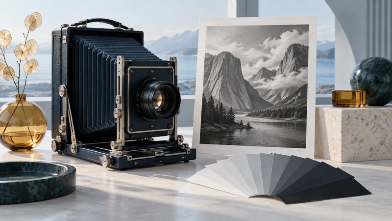 A large-format bellows camera stands beside an invented monochrome mountain print and a fan of gray cards.