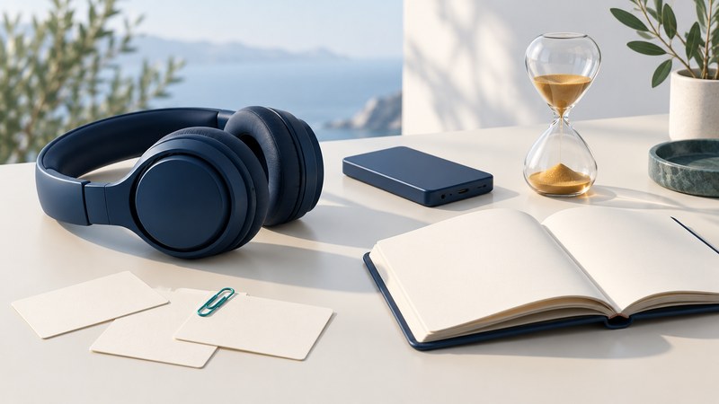 Navy headphones and audio player beside a blank planning notebook, loose cards and an hourglass.