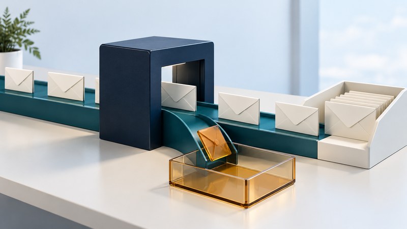 Envelopes pass through a navy gateway while an amber envelope is diverted into a glass tray.