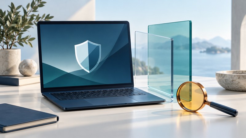 A navy laptop beside two glass panels and an amber inspection lens.