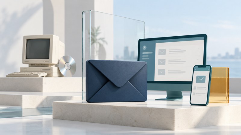 A navy envelope beside modern mail screens, with a vintage computer and compact disc behind them.