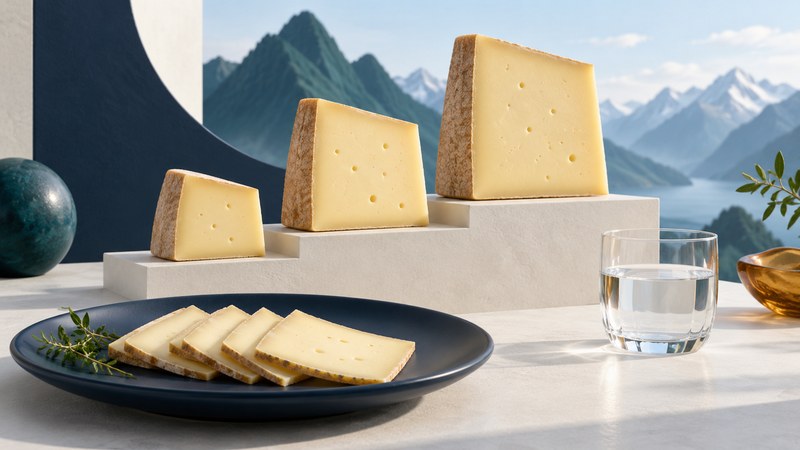 Three straw-colored firm cheese wedges on ivory steps with slices on a navy plate and stylized mountain forms.