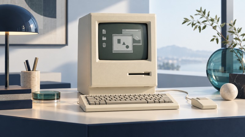 An ivory compact 1984-style computer, keyboard and single-button mouse with abstract monochrome graphics.