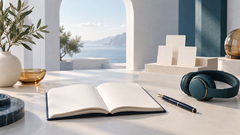 An open blank workbook, pen, headphones, and study cards in a calm sunlit setting.