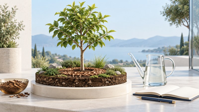 A young tree in a miniature landscape beside a clear watering jug and an open notebook.