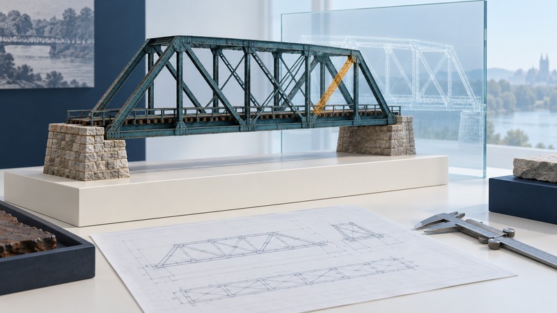 A truss bridge model stands beside a technical drawing, calipers and a transparent reconstruction panel.