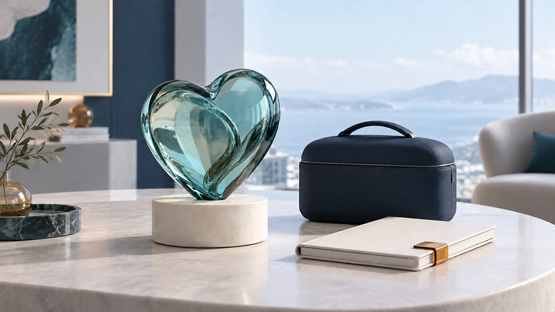 A translucent teal heart sculpture beside a plain carrying case and a care notebook.