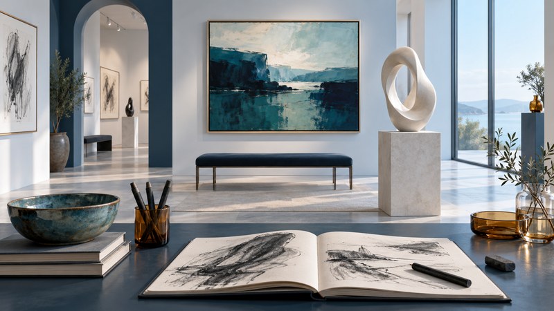 A calm gallery with an abstract painting, ivory sculpture, ceramic bowl and open sketchbook.