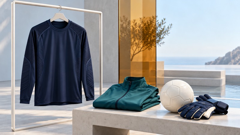 A navy goalkeeper jersey hangs beside a teal track jacket, ivory soccer ball and plain gloves.