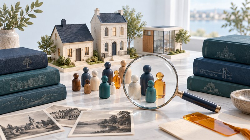 Varied house models and population figures beside archival books and a magnifying lens.