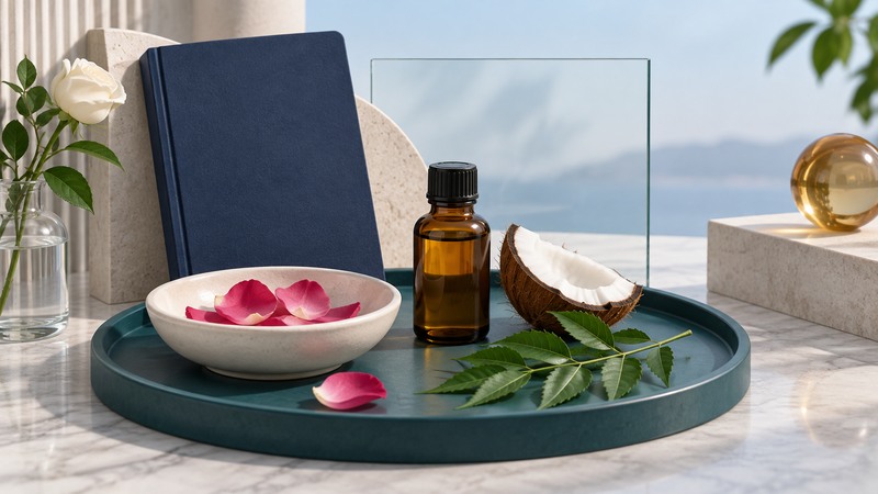 A still life of coconut, rose petals, a botanical sprig and an unbranded cosmetic oil bottle.