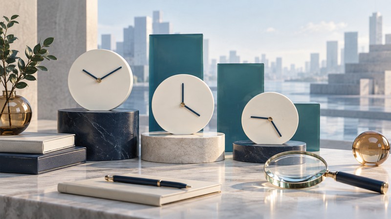 Three unnumbered clocks stand at different times beside teal panels and a glass magnifying lens.